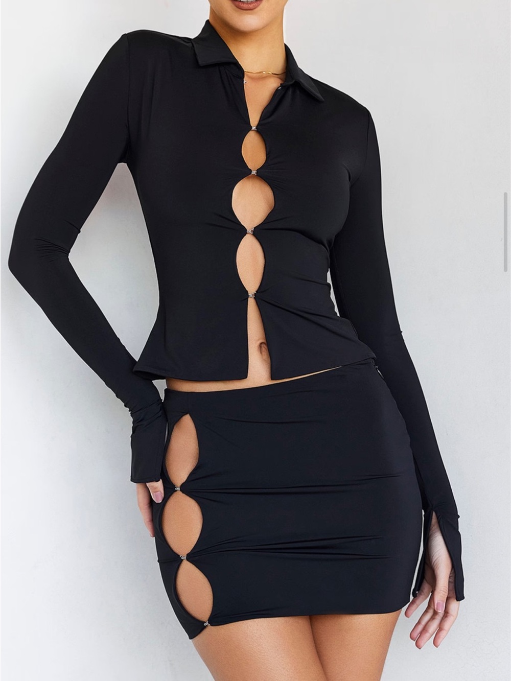 Mistress Rocks Black Long-Sleeve Collared Zip Front Top and Skirt to Match